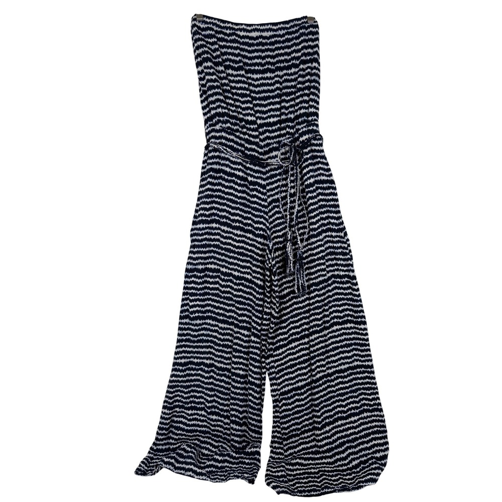 MSK Jumpsuit Women S Blue White Zig Zag Strapless Wide Leg Tassel Belt Rayon